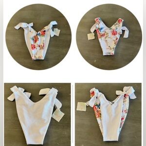 NEW Reversible White Ribbed Red Peach Blue Floral Wild Flower Bikini Bottoms L